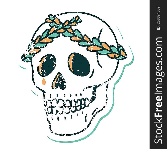 iconic distressed sticker tattoo style image of a skull with laurel wreath crown. iconic distressed sticker tattoo style image of a skull with laurel wreath crown