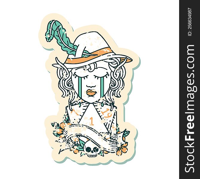 Retro Tattoo Style crying elf bard character face with natural one d20 dice roll. Retro Tattoo Style crying elf bard character face with natural one d20 dice roll