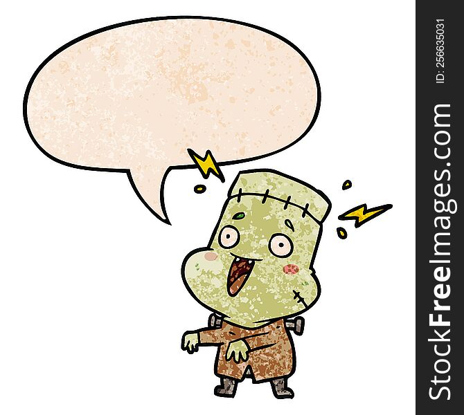 cartoon undead monster creation man with speech bubble in retro texture style