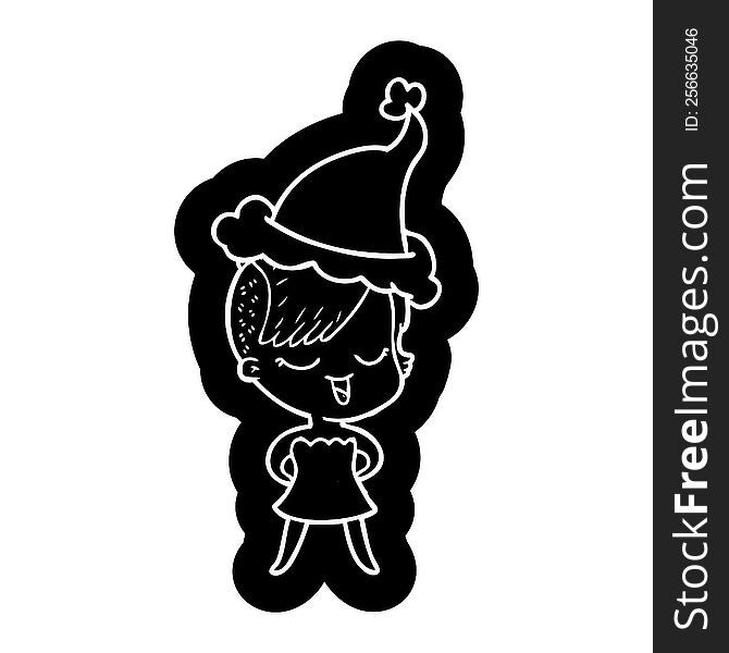 happy quirky cartoon icon of a girl in cocktail dress wearing santa hat