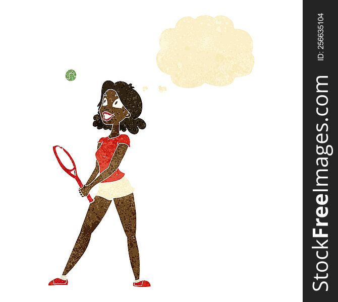 Cartoon Woman Playing Tennis With Thought Bubble