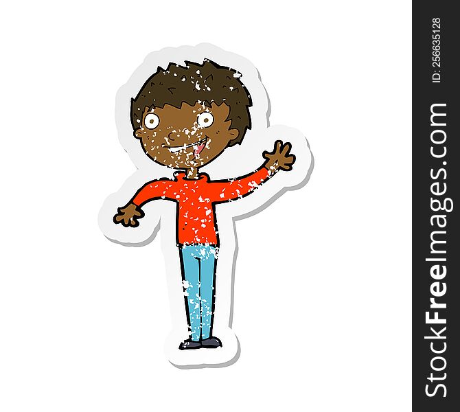 Retro Distressed Sticker Of A Cartoon Happy Boy Waving