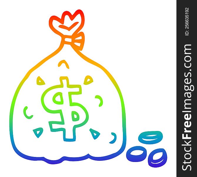 rainbow gradient line drawing of a cartoon bag of money