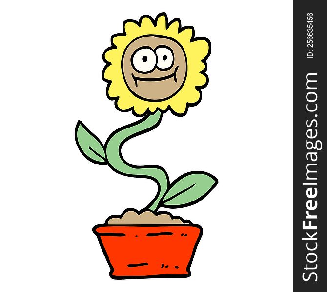 hand drawn doodle style cartoon flower in pot