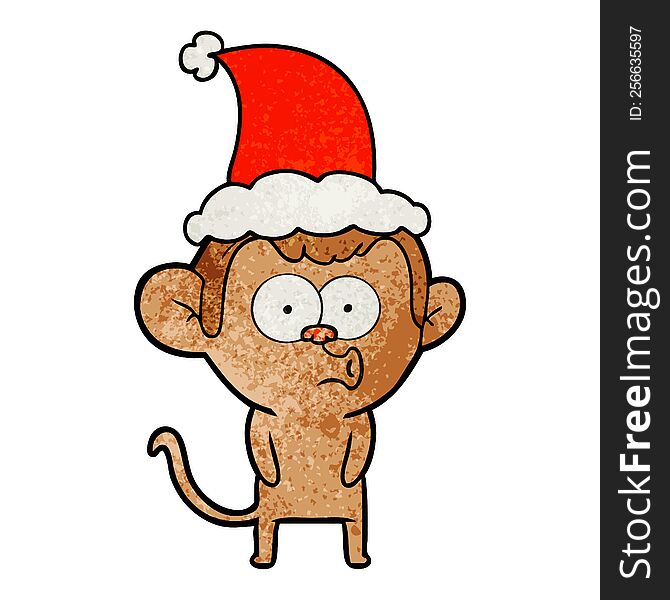 hand drawn textured cartoon of a hooting monkey wearing santa hat