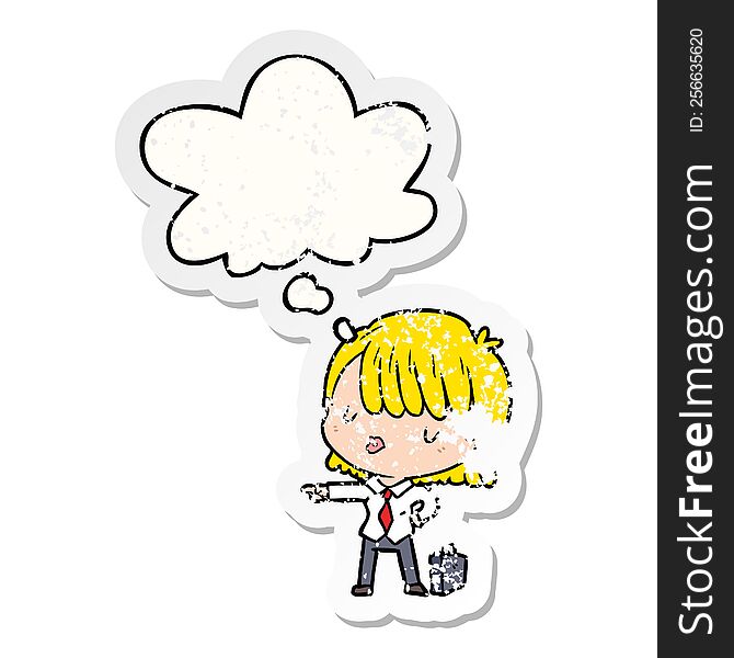 cartoon efficient businesswoman with thought bubble as a distressed worn sticker