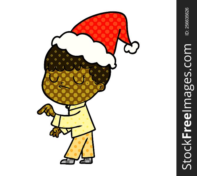 Comic Book Style Illustration Of A Grumpy Boy Wearing Santa Hat
