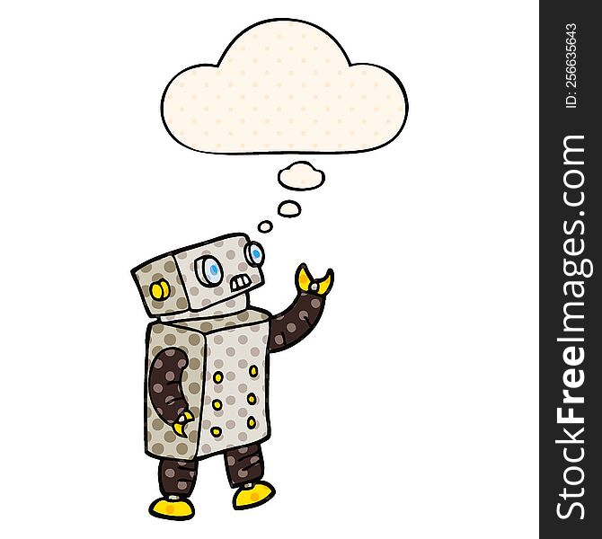 cartoon robot with thought bubble in comic book style
