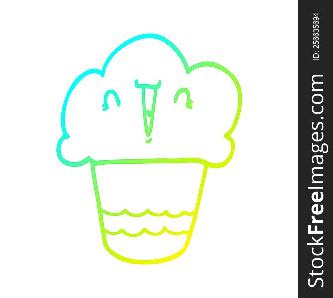 Cold Gradient Line Drawing Cartoon Cupcake With Face