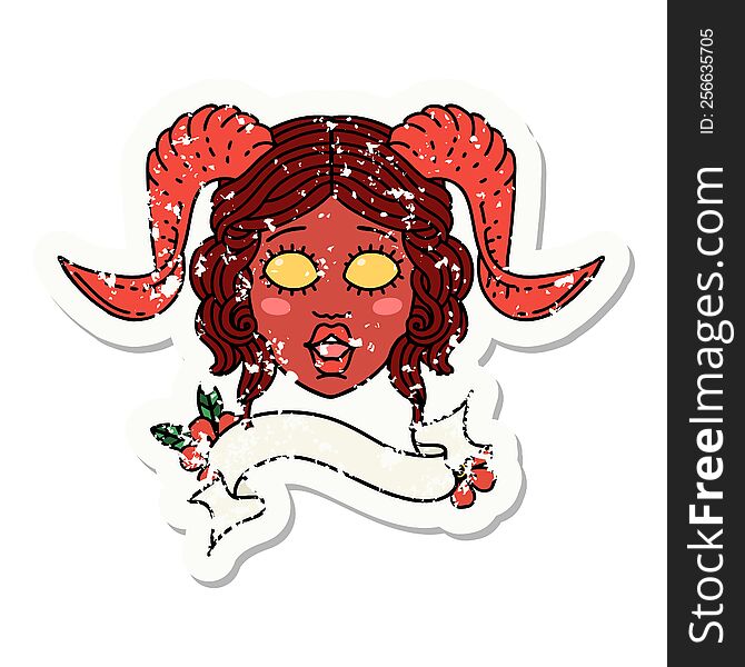 grunge sticker of a tiefling character face with scroll banner. grunge sticker of a tiefling character face with scroll banner