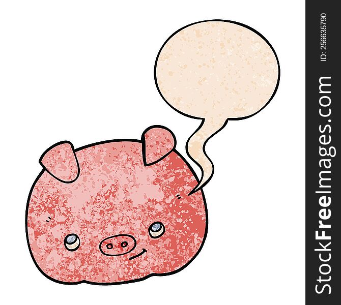 cartoon happy pig with speech bubble in retro texture style