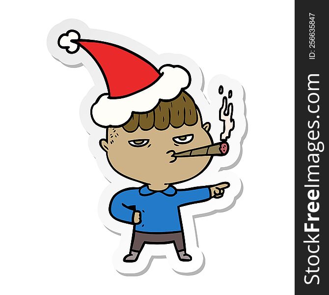 hand drawn sticker cartoon of a man smoking wearing santa hat