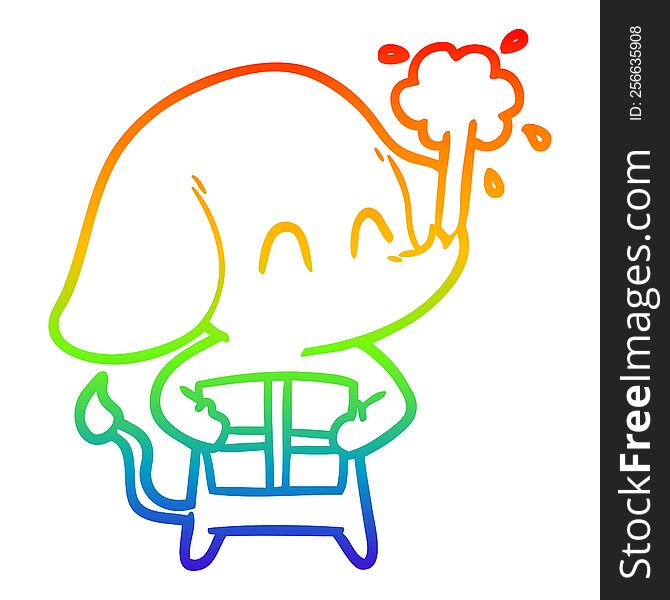 Rainbow Gradient Line Drawing Cute Cartoon Elephant Spouting Water