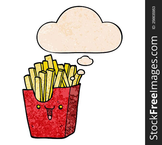 cute cartoon box of fries with thought bubble in grunge texture style. cute cartoon box of fries with thought bubble in grunge texture style