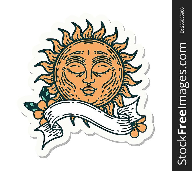 tattoo style sticker with banner of a sun