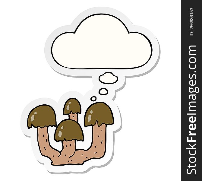 cartoon mushrooms with thought bubble as a printed sticker