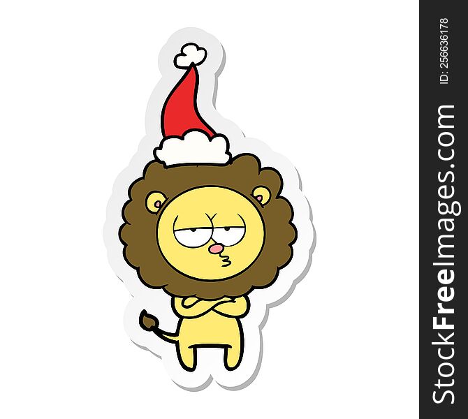 hand drawn sticker cartoon of a tired lion wearing santa hat