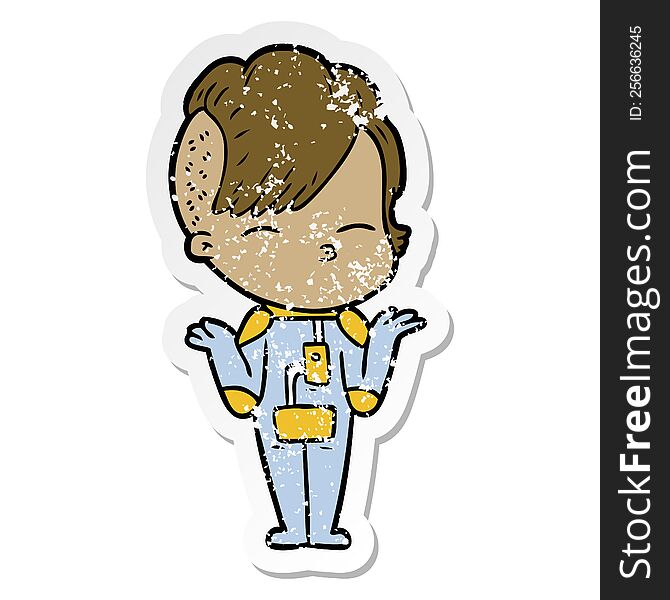 distressed sticker of a cartoon girl wearing futuristic clothes