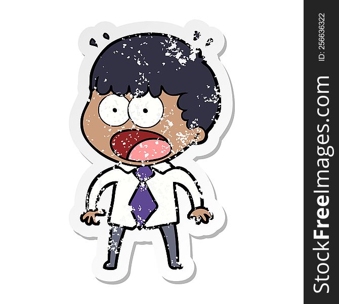 distressed sticker of a cartoon shocked man in shirt and tie