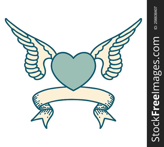 Tattoo With Banner Of A Heart With Wings