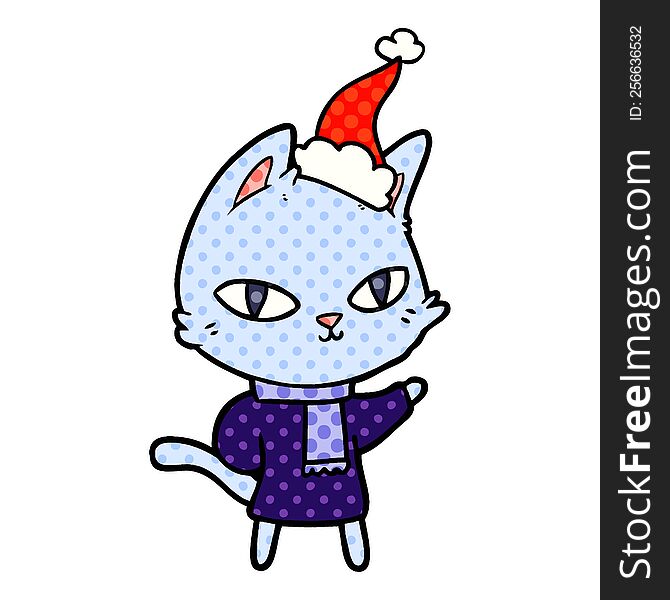 Comic Book Style Illustration Of A Cat Staring Wearing Santa Hat