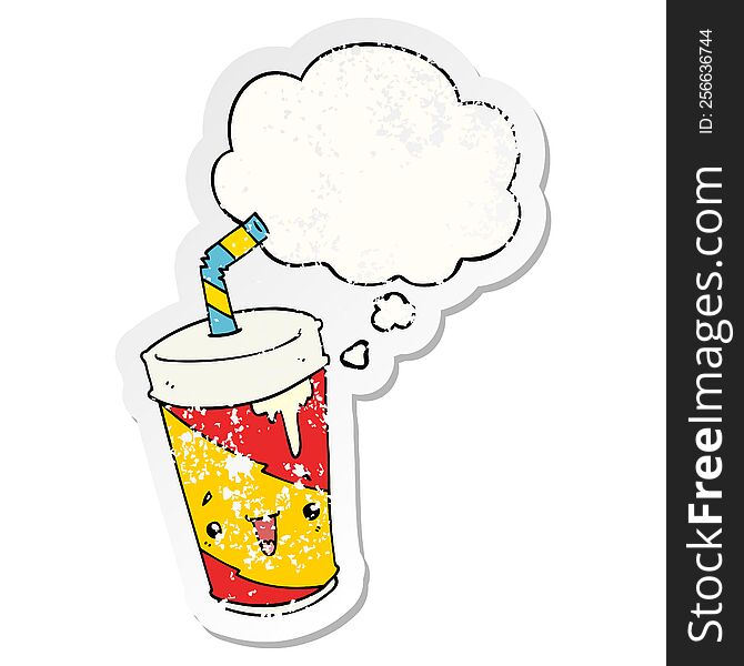 cartoon soda cup with thought bubble as a distressed worn sticker