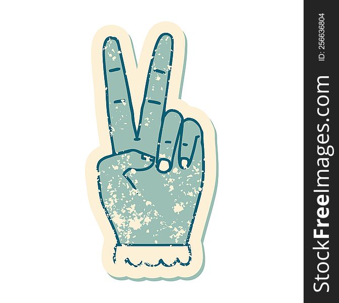 grunge sticker of a peace symbol two finger hand gesture. grunge sticker of a peace symbol two finger hand gesture
