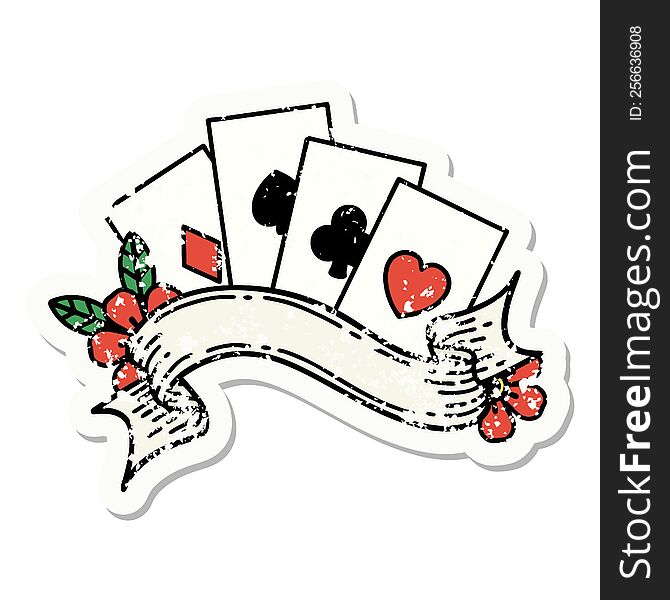 Traditional Distressed Sticker Tattoo Of Cards And Banner