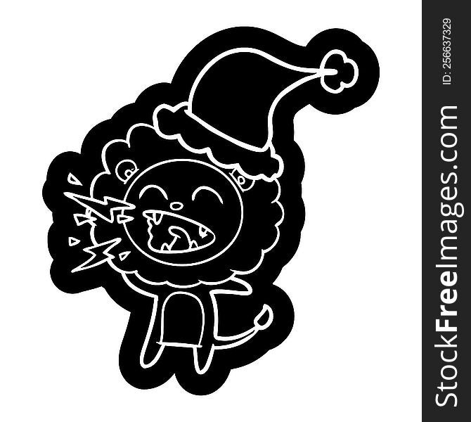 Cartoon Icon Of A Roaring Lion Wearing Santa Hat