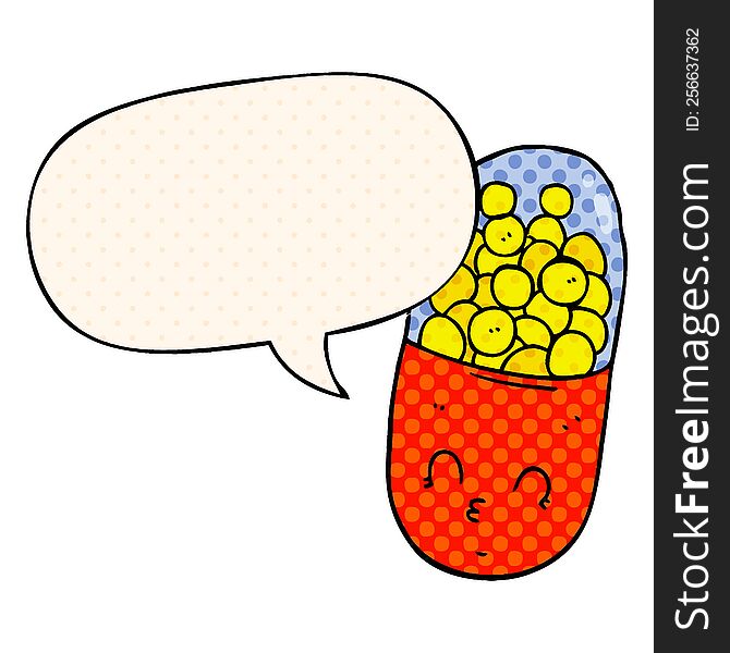 Cartoon Pill And Speech Bubble In Comic Book Style
