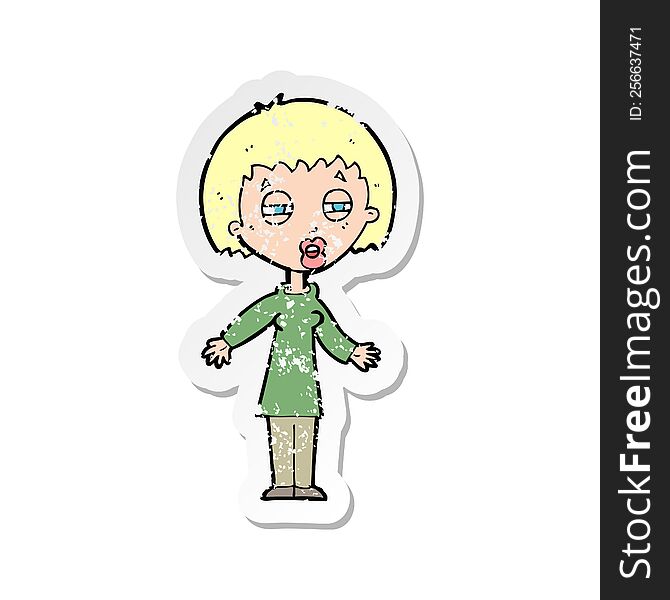 retro distressed sticker of a cartoon tired woman