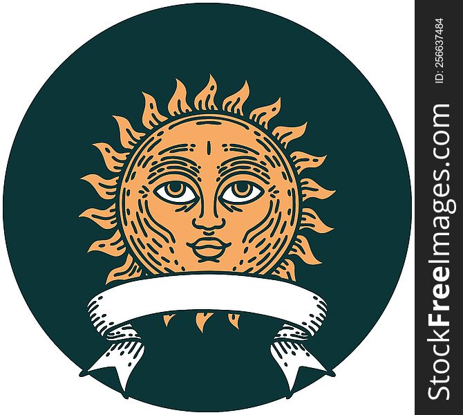 icon with banner of a sun with face