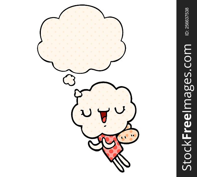 Cute Cartoon Cloud Head Creature And Thought Bubble In Comic Book Style