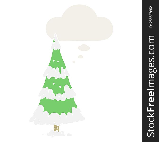 cartoon christmas tree with thought bubble in retro style