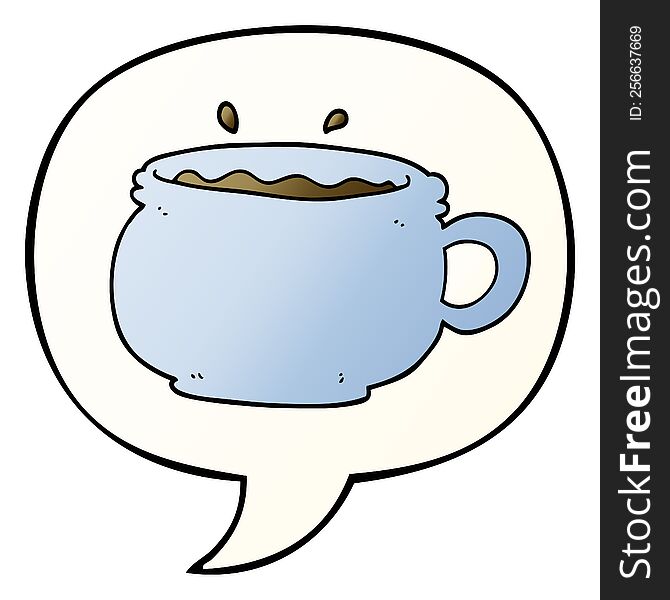 cartoon hot cup of coffee with speech bubble in smooth gradient style