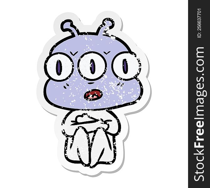 Distressed Sticker Of A Cartoon Three Eyed Alien