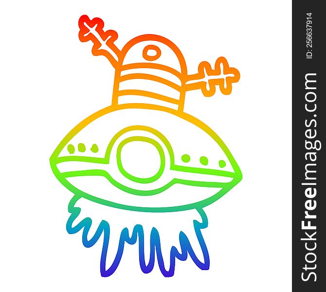 Rainbow Gradient Line Drawing Cartoon Alien Spaceship