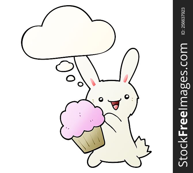 Cute Cartoon Rabbit With Muffin And Thought Bubble In Smooth Gradient Style