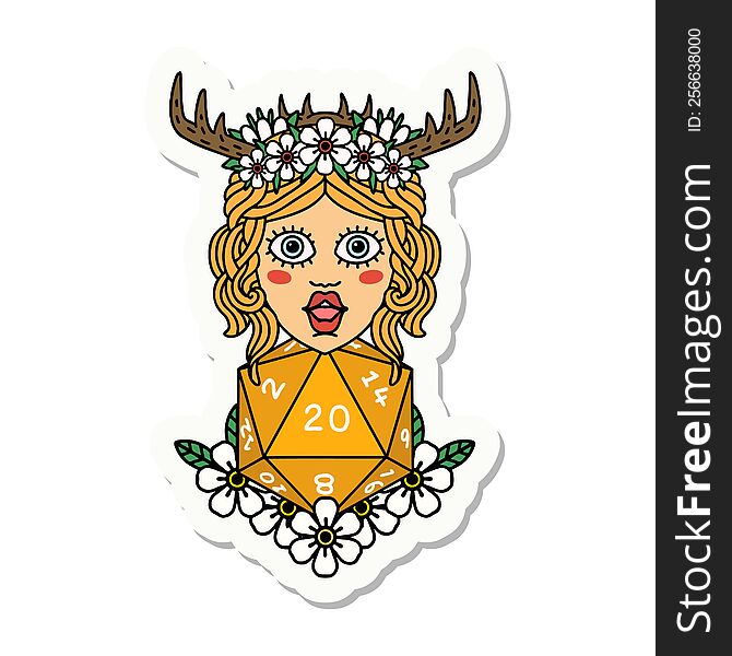 sticker of a human druid with natural twenty dice roll. sticker of a human druid with natural twenty dice roll