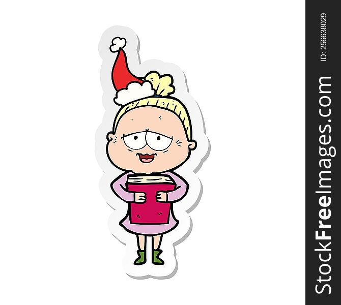 hand drawn sticker cartoon of a happy old lady wearing santa hat