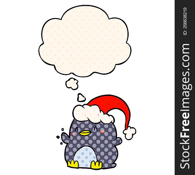 cartoon penguin wearing christmas hat with thought bubble in comic book style