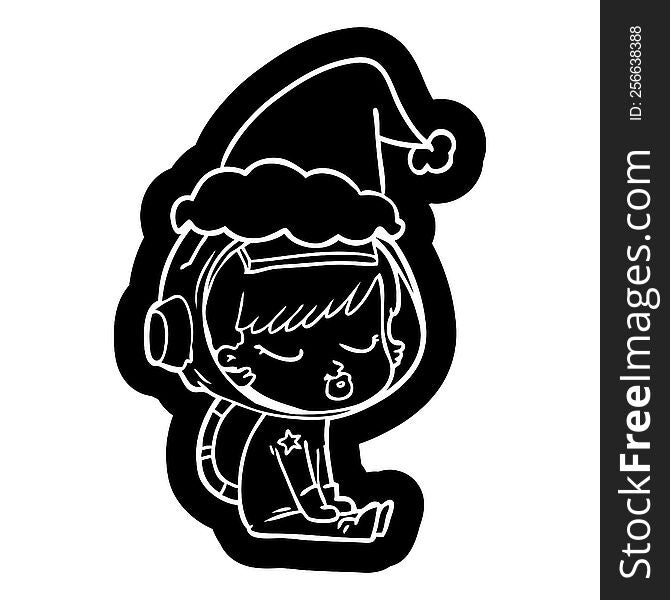 quirky cartoon icon of a pretty astronaut girl sitting waiting wearing santa hat