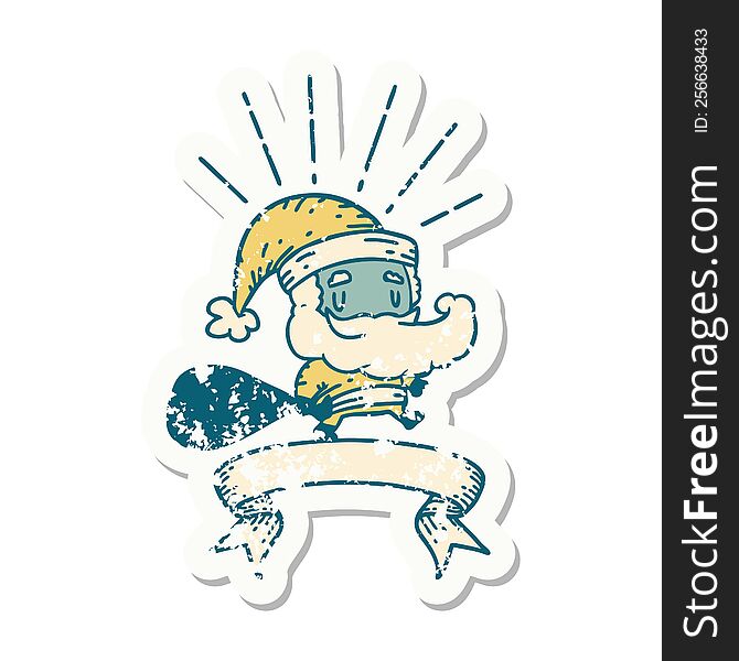 grunge sticker of tattoo style santa claus christmas character with sack