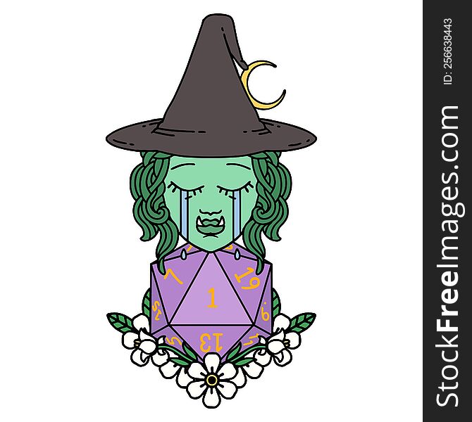 Retro Tattoo Style crying half orc witch with natural one D20 dice roll. Retro Tattoo Style crying half orc witch with natural one D20 dice roll