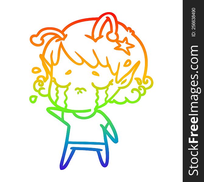 Rainbow Gradient Line Drawing Cartoon Crying Alien Girl
