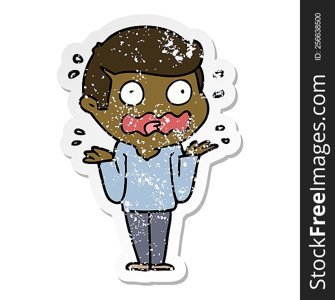 distressed sticker of a cartoon man totally stressed out