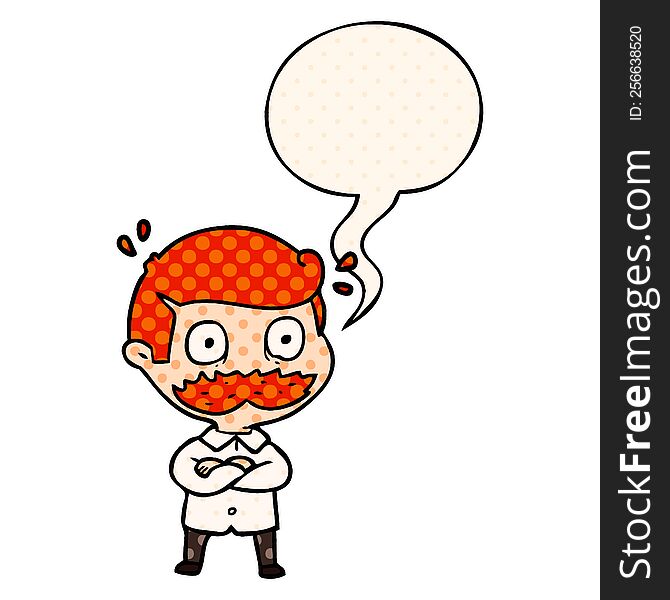 Cartoon Man And Mustache Shocked And Speech Bubble In Comic Book Style