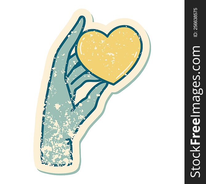 iconic distressed sticker tattoo style image of a hand holding a heart. iconic distressed sticker tattoo style image of a hand holding a heart