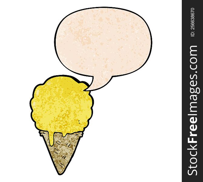 cartoon ice cream and speech bubble in retro texture style