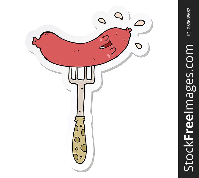 Sticker Of A Cartoon Happy Sausage On Fork